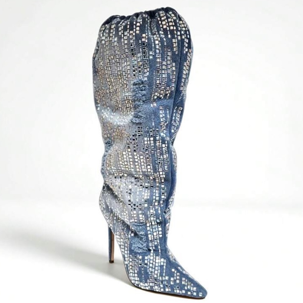 Elegant Blue Rhinestone Heeled Boots